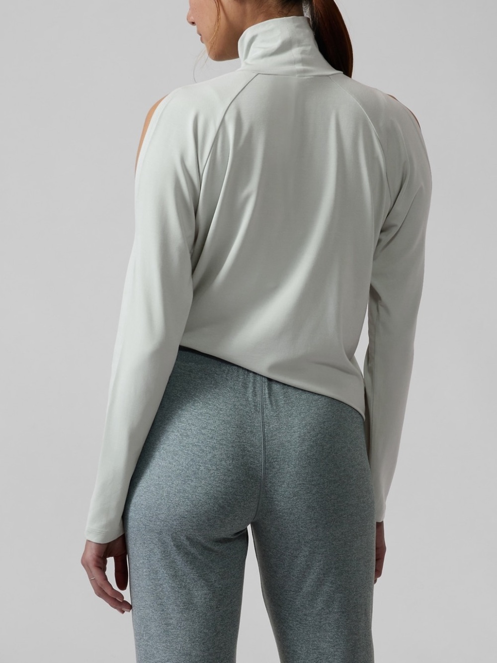 Athleta Cold Shoulder Turtleneck Long Sleeve Top | Coast Grey | Medium - Picture 3 of 8